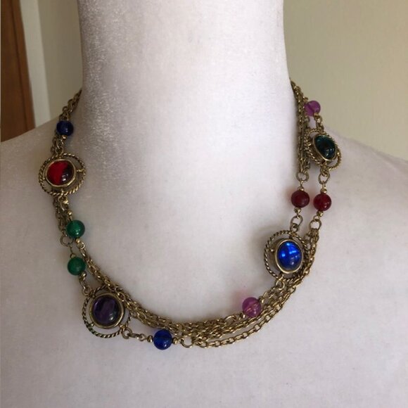 LADY REMINGTON Signed Cabochon Gold Tone Long Necklace 1980's - Picture 2 of 16